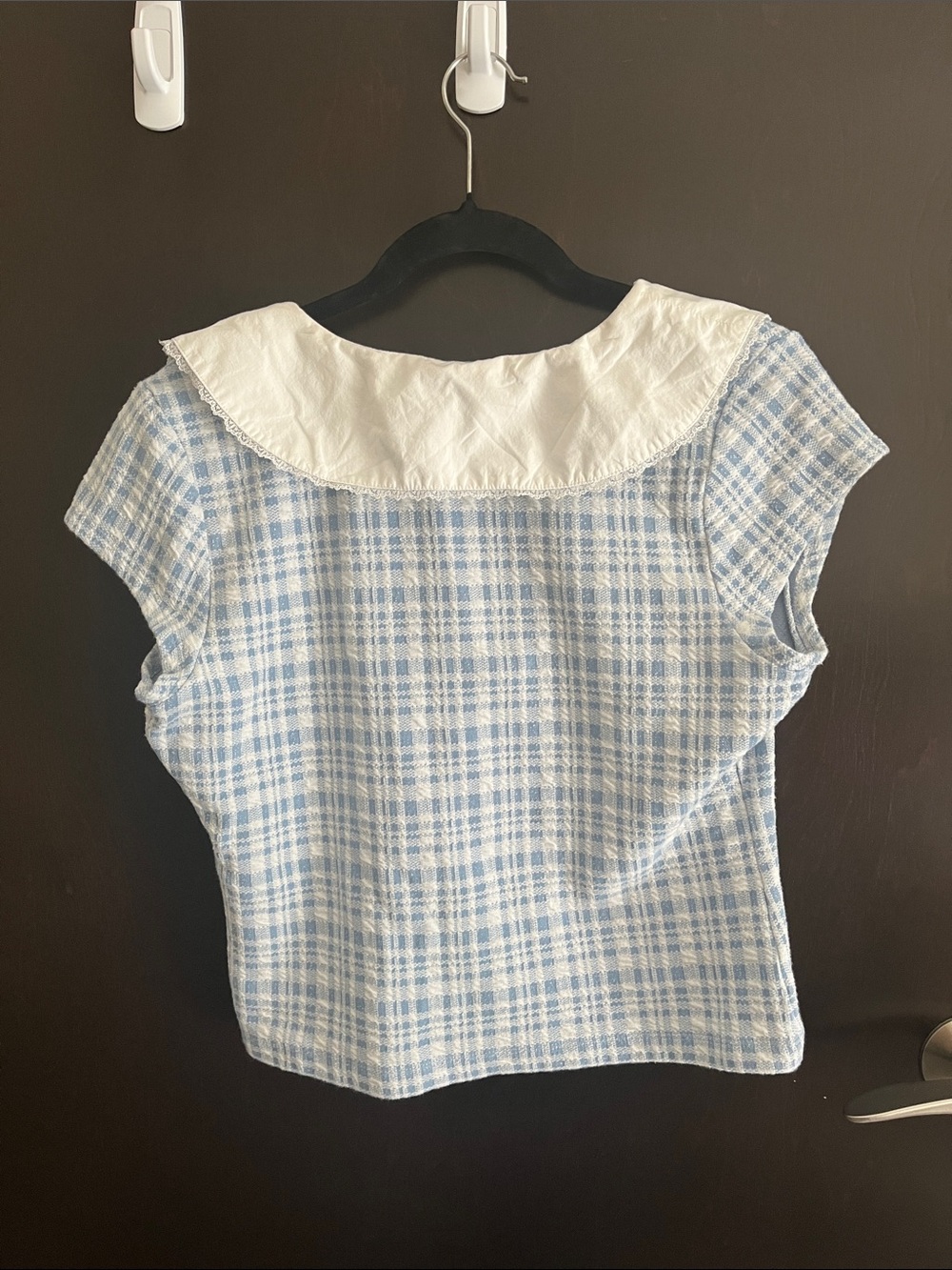 Anthropologie Maeve Blue Plaid Short-Sleeve Top with White V-Collar - Picture 3 of 3